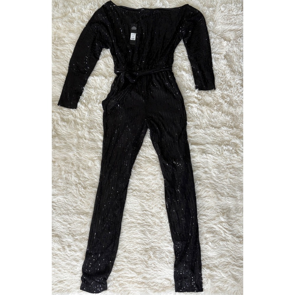 Fashion Nova All Eyes On Me Sequin‎ Jumpsuit Black Party Small New with Tags